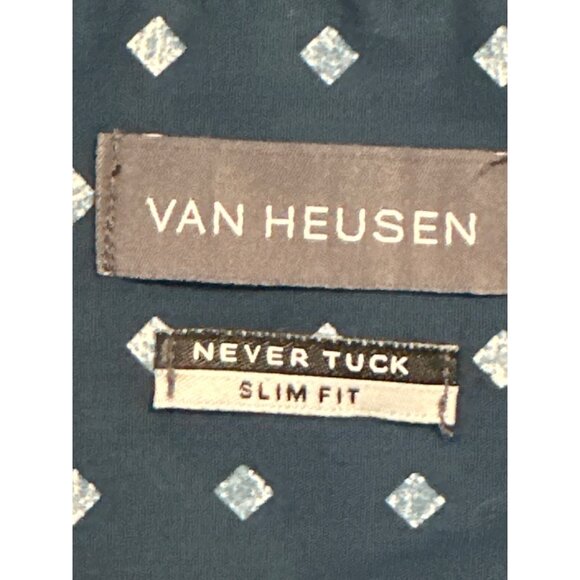 Van Heusen Men's Never Tuck Geo Print Slim Fit Shirt 2XL 18-18 Blue Cotton/Nylon - Picture 2 of 7
